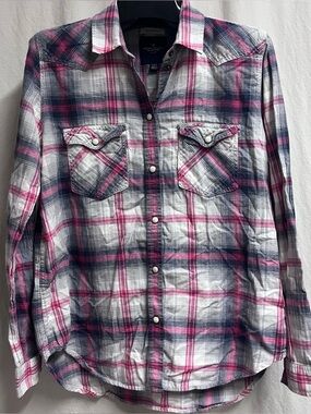 American Eagle Women’s White Pink Navy Plaid Boyfriend Button Down Size Medium